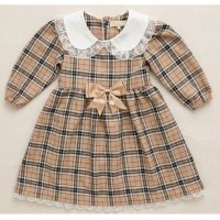 KWD06: Baby Girls Beige Tartan Bow Dress With Lace Trim & Lining (0-4 years, Made in UK)